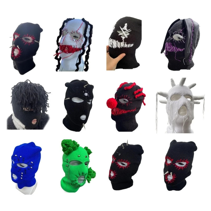 Knitted full face Balaclava hiking scarf devil horn Balaclava skiing Halloween hat 241202