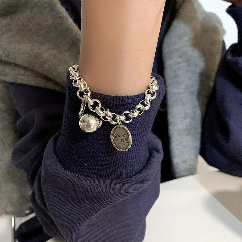 925 Sterling Silver Ball Pendant Tag Charms Bracelet for Women Vintage Thick Chain Hip Hop Bracelet Jewelry 241203