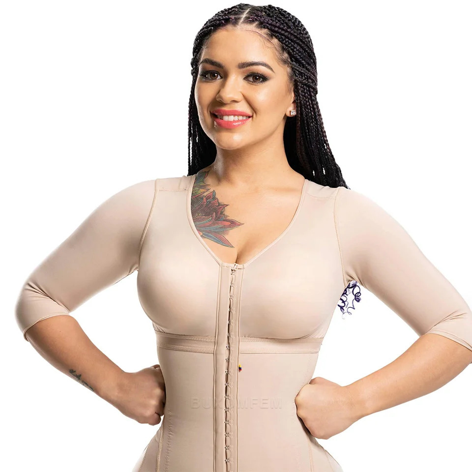 Seamless Faja with sleeves and bra elastic and tight push up full body shaping adjustable bodysuit hooked eye earrings 241203