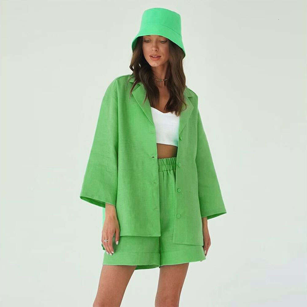 Cotton and linen shorts set, women's loose collared single breasted shirt+high waisted straight leg pants fashion set