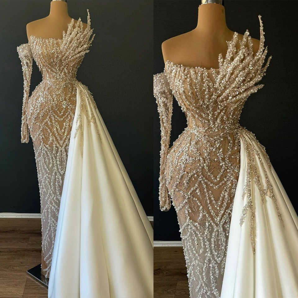 Designer Evening Dresses For Women One Shoulder Long Sleeves Gown Sequins Beaded Sweep Train Customized Dress Party Prom