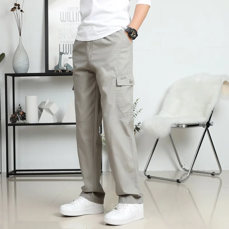 Large Size Men's Cargo Trousers Straight Leg Work Pant Men Loose Fit Cotton Wide Overalls Male Side Multi Pocket Plus Size 6XL Bottom