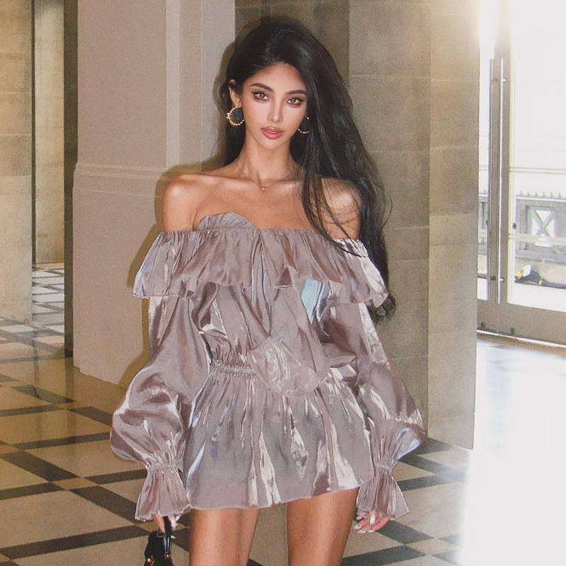 Basic & Casual Dresses Ruffled Sexy Dresses Purple Clothes Women Off Shoulder Long Sleeve Mini Dress Fall 2024