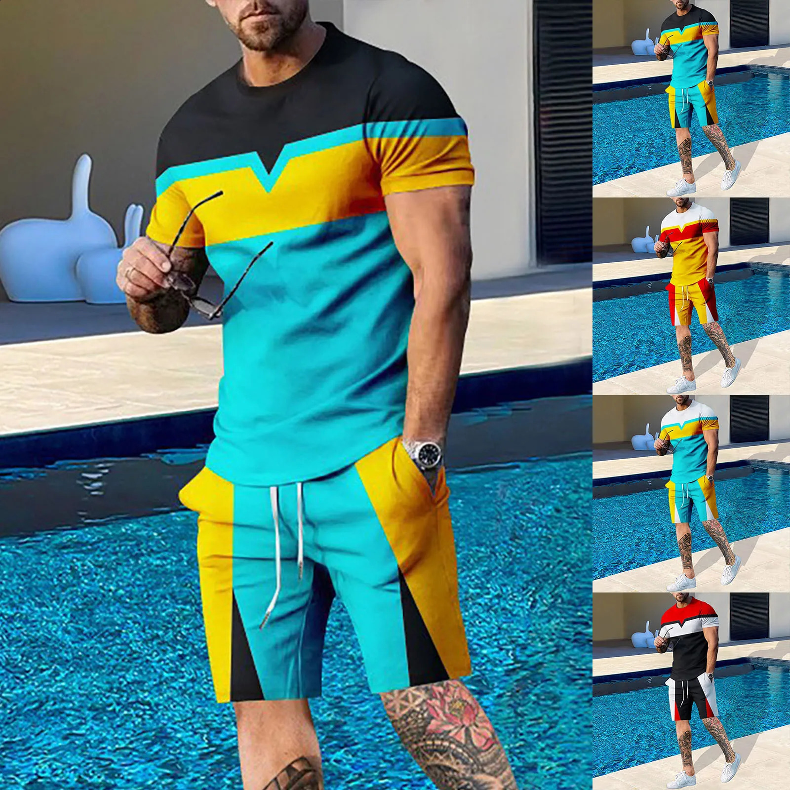 Summer 2-piece T-shirt Set Mens Sportswear T-shirt Set Fitness Set Oversized Street Short Sleeve with Pants Track Clothes 241203