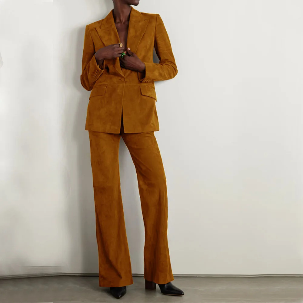 Womens Suede Suit Elegant Womens Sets Set Woman 2 Pieces 1 Button Jacket Pants Office Outfits Blazer Suits Clothing 241203