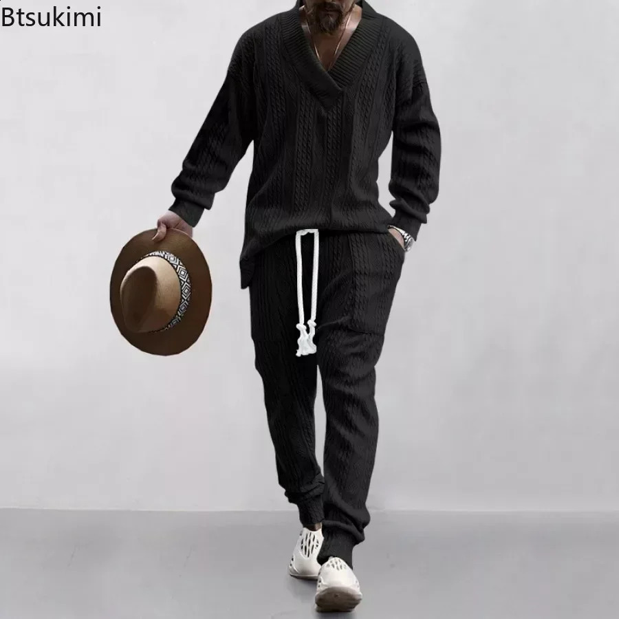 Mens Knitted Set Long Sleeve V-neck Shirt and Drawstring Pants Set Pocket Mens Solid Knitted 2-piece Set 241203