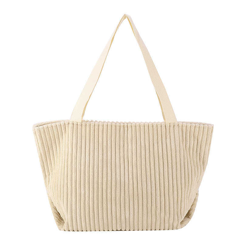 Simple and Casual Japanese Korean Tote Bag for Autumn Winter, New Large with Capacity, Single Shoulder, Hand-held, Vertical Stripe Velvet Cloth 241204