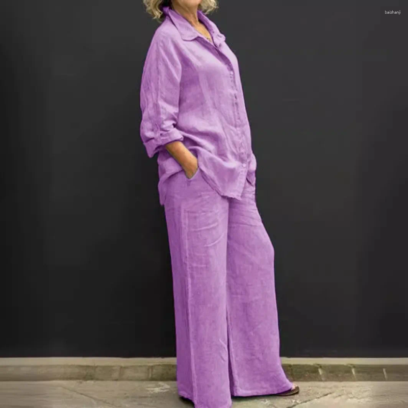 Womens Two Piece Pants 2pcs Women Clothes Set Solid Color Cotton Linen Loose Long Sleeve Shirt W