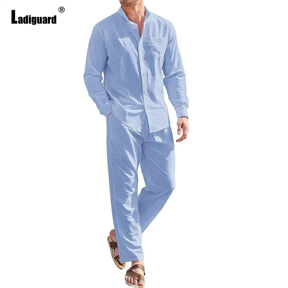 Ladiguard Plus size mens casual linen two-piece set European style basic top and white pants set mens beach track suit set 241203
