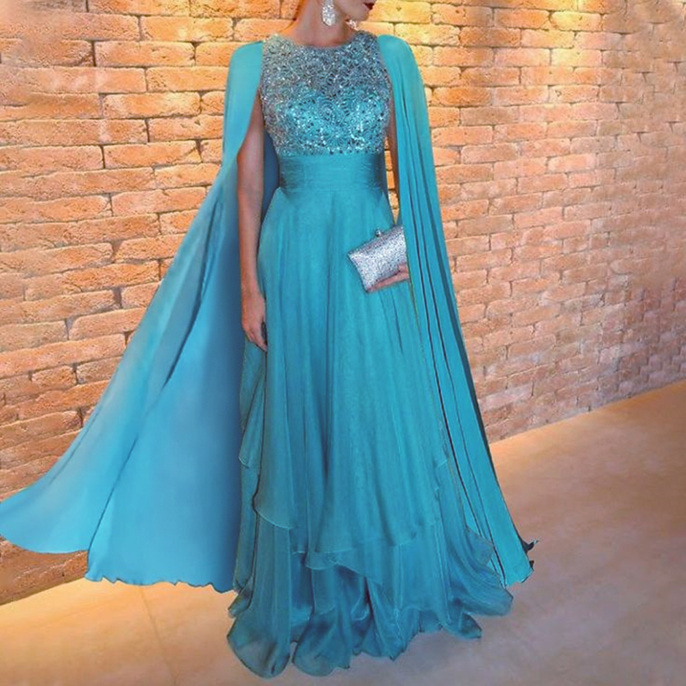 Elegant Chiffon Long Evening Dresses Beaded Jewel Neck Empire Waist A Line Floor Length Prom Dress Cape Sleeves Special Occasion Gown For Women