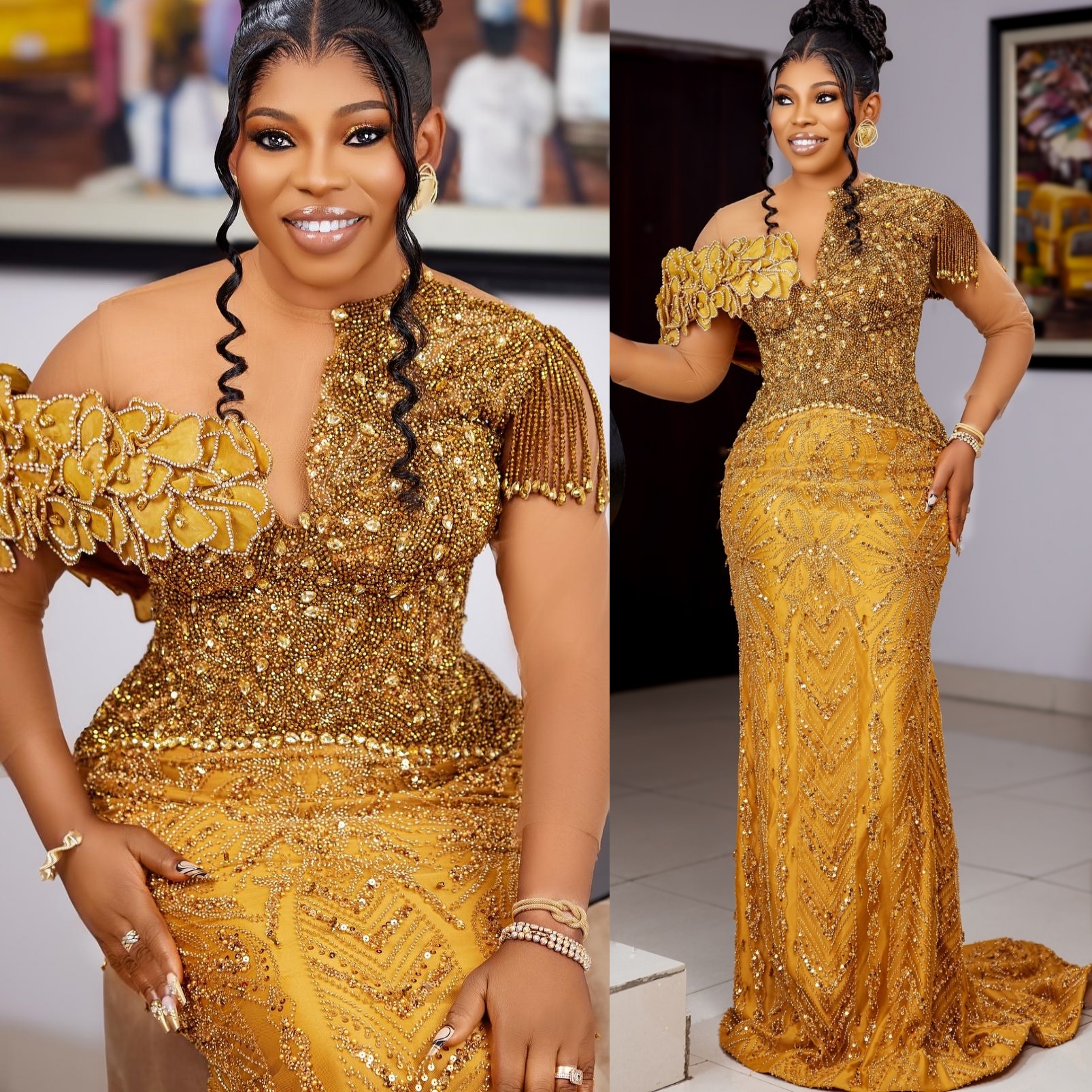 Gold Mermaid Prom Dresses 2024 Rhinestones Florals Sequined Lace Evening Formal Party Second Birthday Engagement Gowns Plus Size Dress For Special Occ