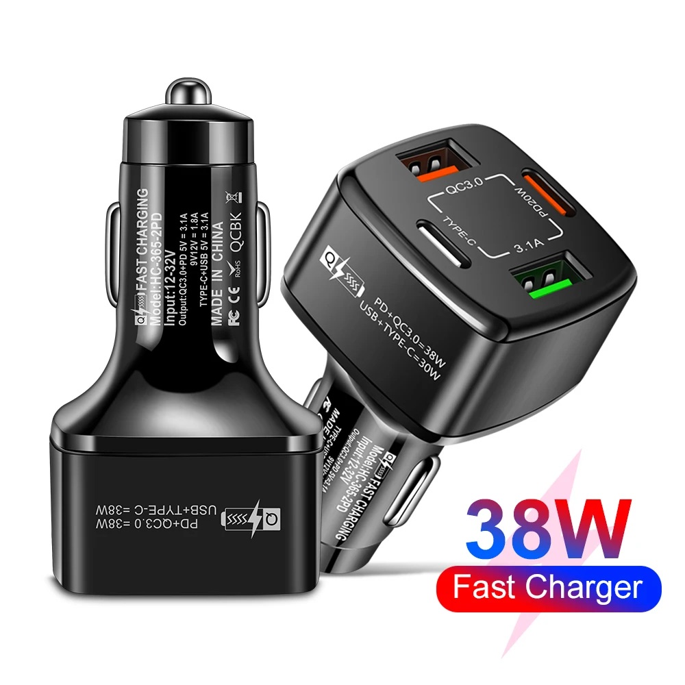 Dual USB Car Charger Quick Charge 3.0 Auto Charger 4 Ports 2USB Type-C PD 38W Car Charger Fast Charging Adapter for Phone