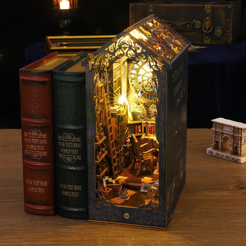 DIY Book Nook Kit Mini Dollhouse with LED Light 3D Puzzle Model Architecture Wooden Bookshelf Bookend Toy Adult Birthday Gift 241204