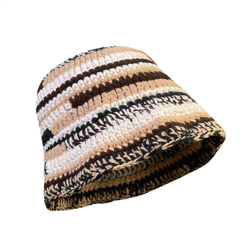 Autumn Winter Colored Handmade Striped Knitted Bucket Hats Versatile Crochet Thick Women Fisherman Hats 241203