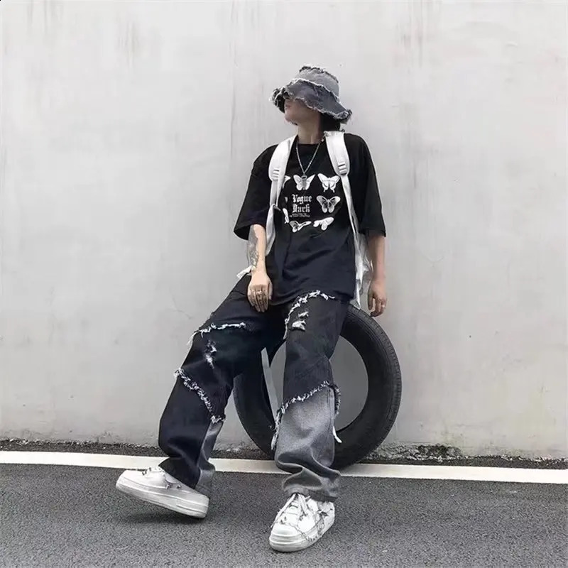 Korean fashion ripped jeans pants mens ripped hole Trouser casual soft fashion formal pockets straight denim Trouser 241203