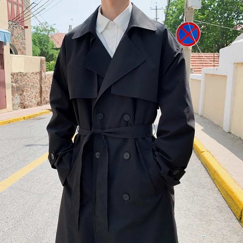 Korean spring trench coat mens street clothing windproof trench coat mens solid business casual loose long coat 241203