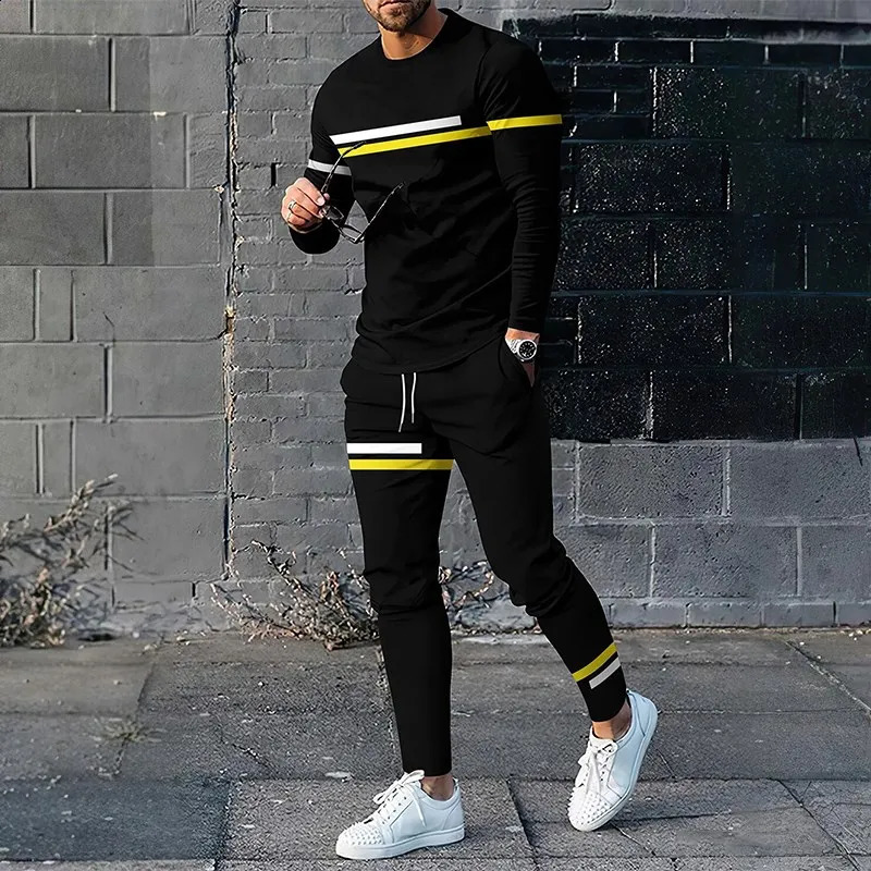 Autumn mens track and field clothing 2-piece set trend O-neck long sleeved T-shirt pants oversized loose clothing sports style mens clothing 241203