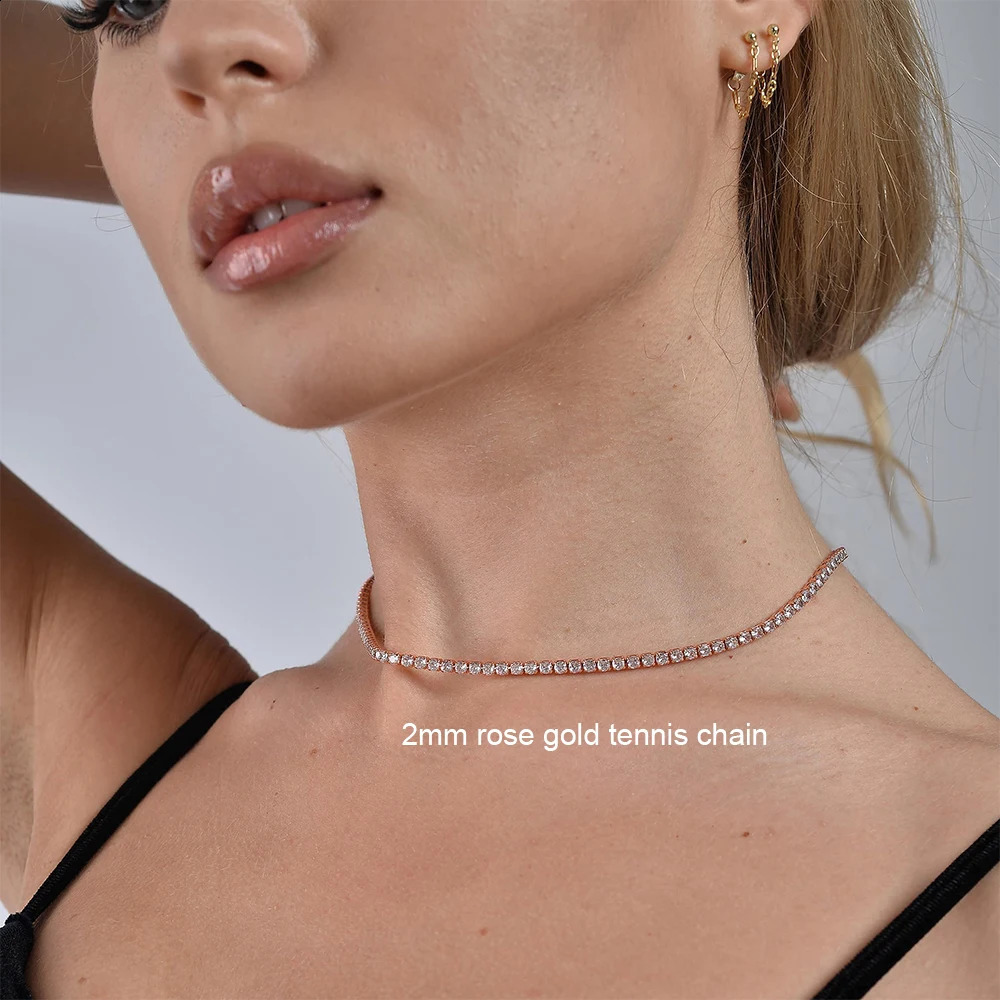 2mm Womens Tennis Necklace S925 Silver Plated 18K Gold Sparkling Water Diamond Necklace Wedding Jewelry Adjustable241204