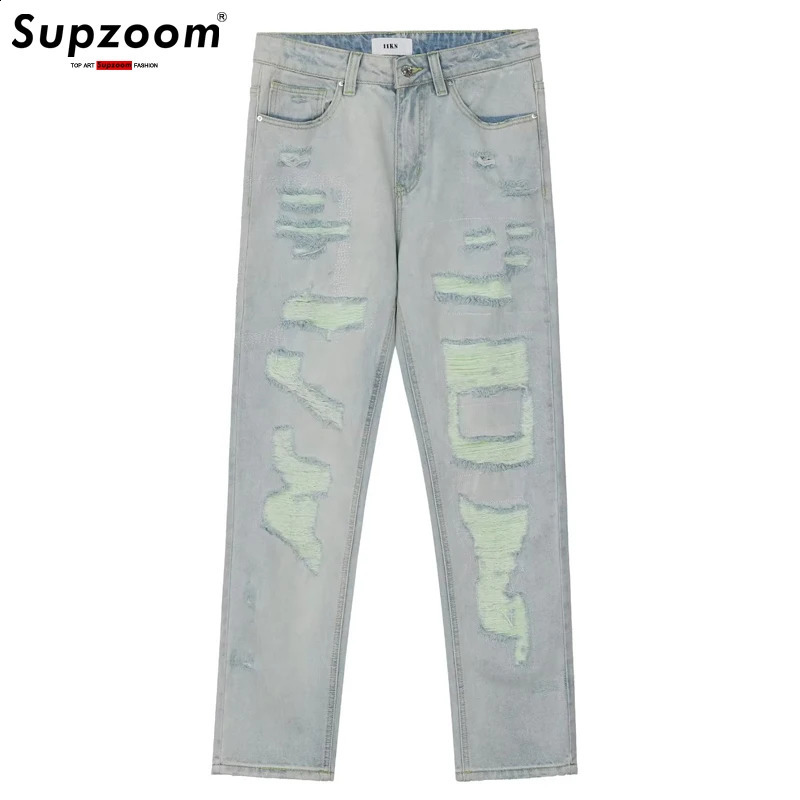 Supzoom has arrived at the top of fashion in autumn washing light white personalized eyelets patch fabric casual denim heart empty jeans 241203