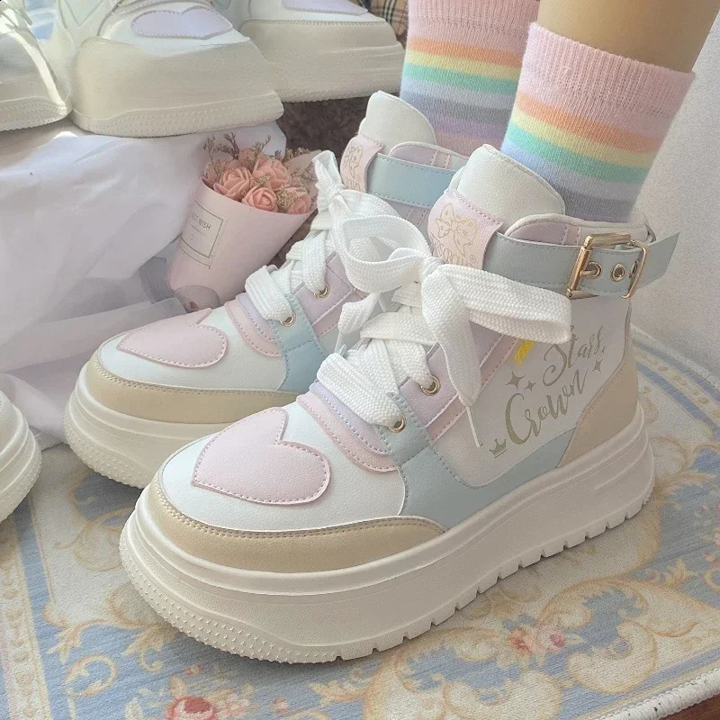 New Campus Style Lolita Sneakers Cute and Sweet Full Match Autumn and Winter Thick Bottom High Heels 241204