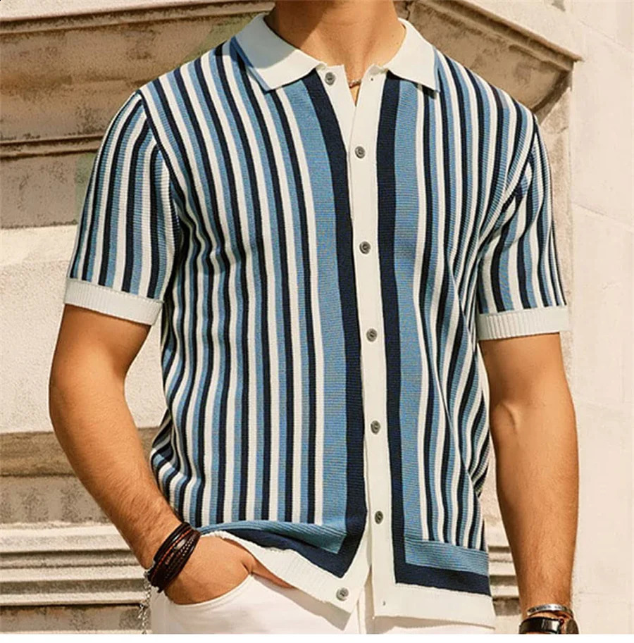Mens Knitted Polo Shirt Fashion Striped Short Sleeve Mens Business Top Casual Breathable Camisas Knitted 241203