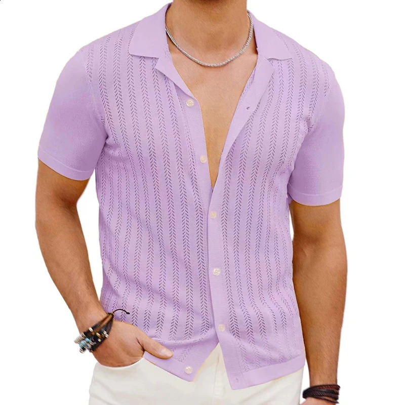 Mens summer short sleeved polo shirt knitted striped solid color breathable cardigan mens streetwear casual polo shirt 241203