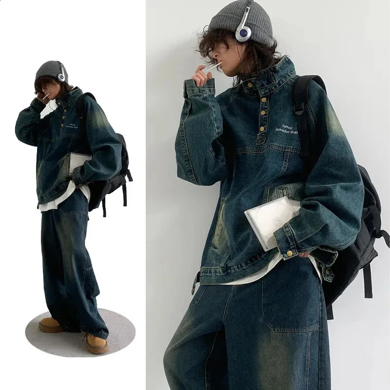 Retro denim suit mens loose retro denim hooded zipperwide leg jeans mens 2-piece set Japanese street spring and autumn suit 241130