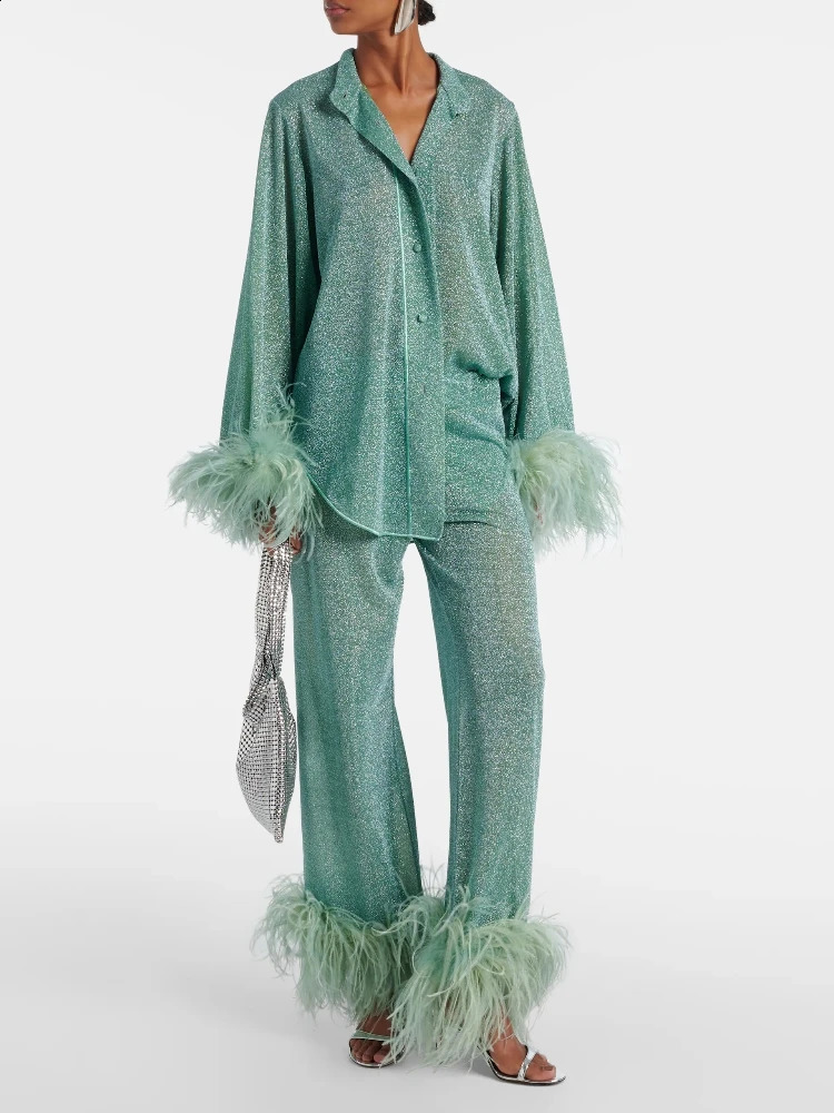 Womens Fashion Shiny Feather Solid Shirt Trouser Set Unique Collar Single Chest Top Autumn Set Womens Holiday Pants Set 241203