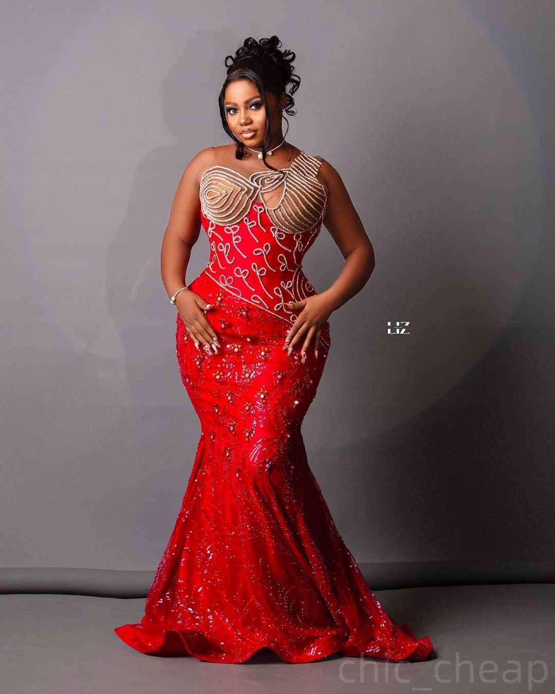 Red Mermaid Prom Dresses 2024 Rhinestones Sheer Neck Sequined Lace Evening Formal Party Second Birthday Engagement Gowns Plus Size Dress For Special O