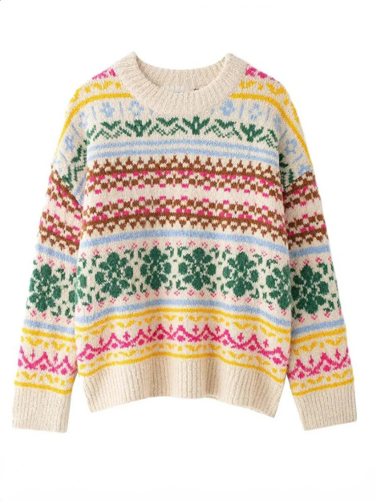 Women Oversize Jacquard Knit Sweater Oneck Long Sleeves Multicolor Elastic Hem Christmas Pullover Fall Winter Chic 241203