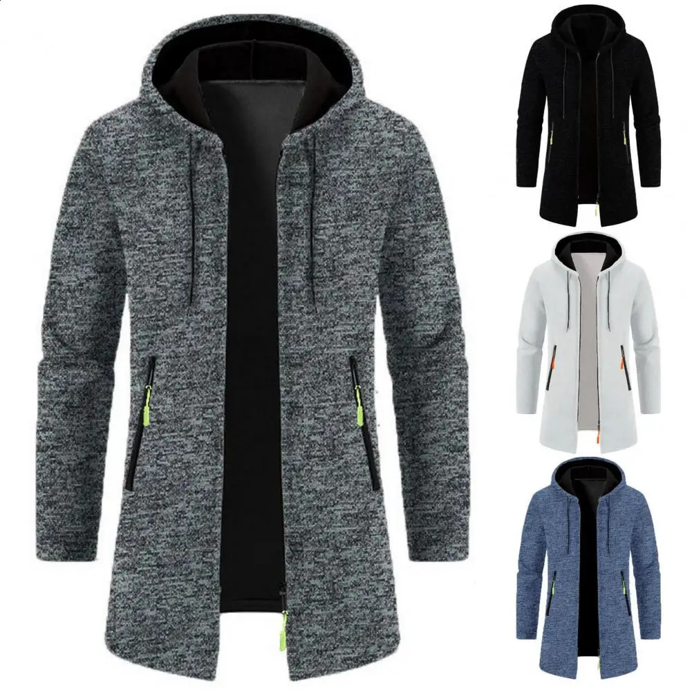 Men Coat Stylish Hooded Zipper Cardigan Versatile Mens Outerwear for Fallwinter Medium Length Thickened Knitwear 241202