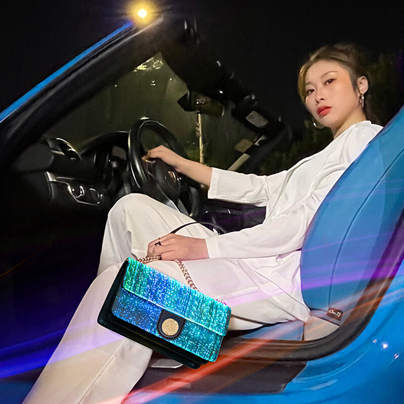 Colorful Luminous Square Bags For Women LED Light New Fashion Shoulder Optical Fiber Fabric Crossbody Bag PU BagVoyage