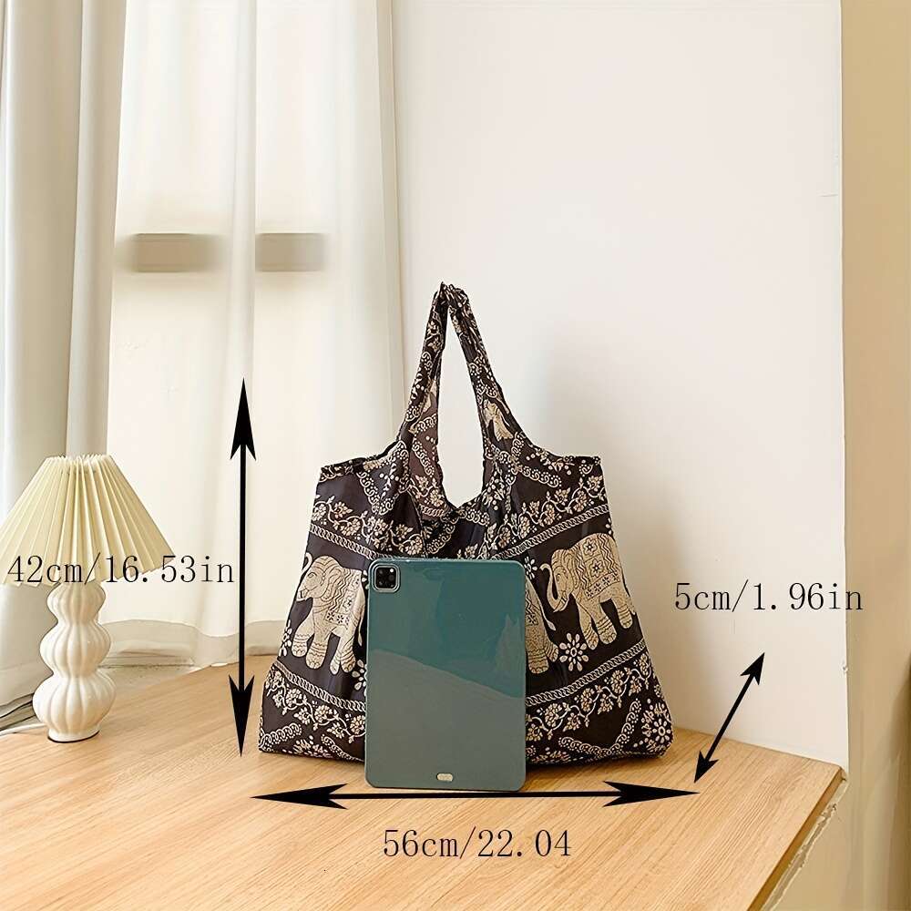 Elephant pattern shopping foldable shoulder bag, women's large capacity tote bag