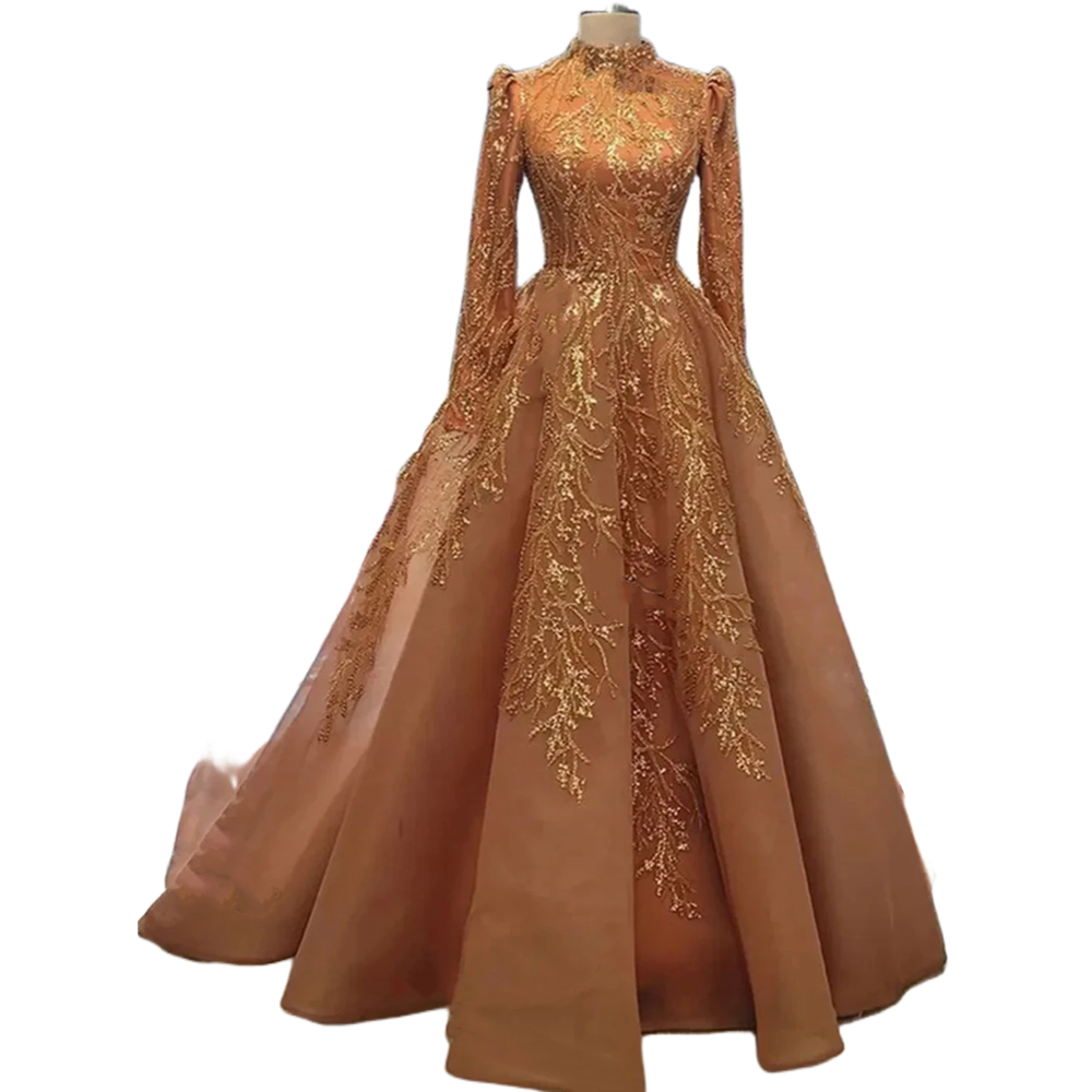 Luxurious Beaded Muslim Evening Dresses Long Sleeves Brown Lace A Line Islamic Formal Party Gowns High Neck Elegant Arabic Prom Dress For Women