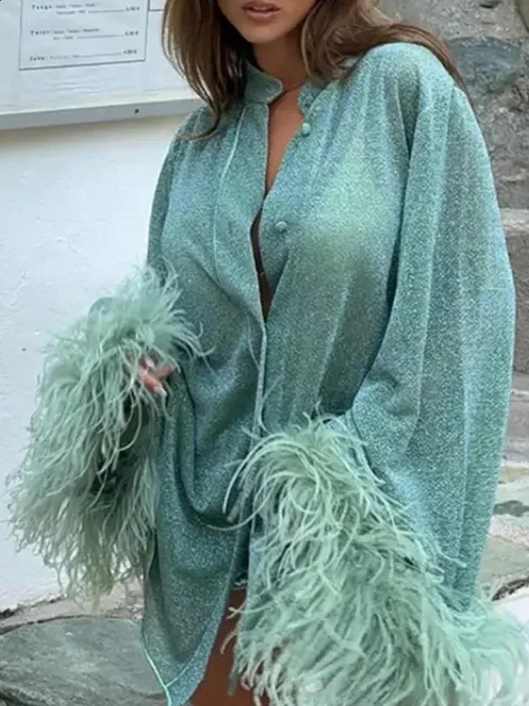 Fashionable womens long sleeved shiny feather streetwear solid shirt long sleeved stand up collar single chest top pants set 241203