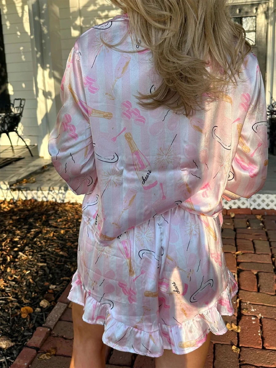 2025 Womens Christmas Pajama Set Santa Claus Printed Bow Long Sleeve Shirt 2-piece Set Pajama Casual Wear 241203