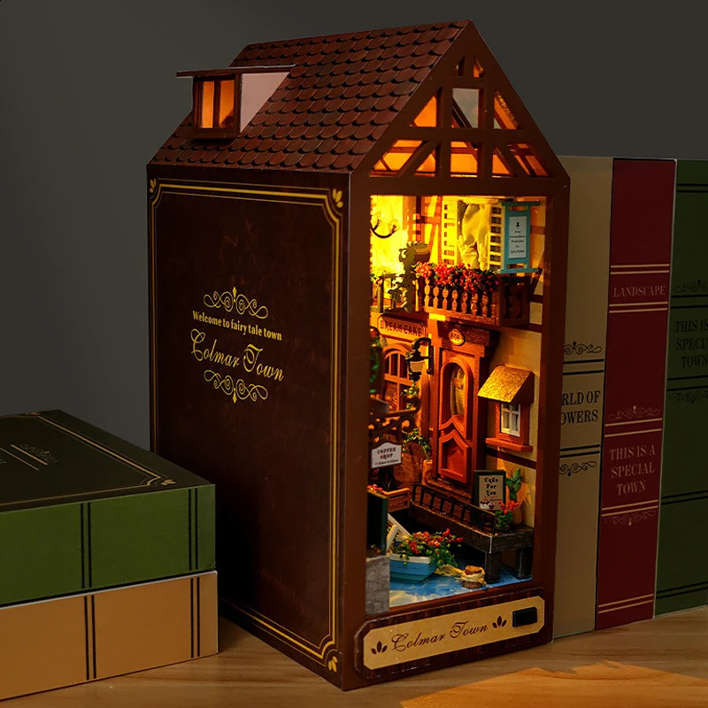 DIY Book Nook Kit Mini Dollhouse with LED Light 3D Puzzle Model Architecture Wooden Bookshelf Bookend Toy Adult Birthday Gift 241204