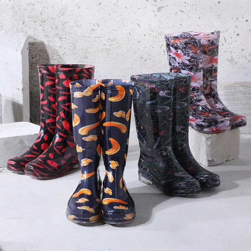 Comemore Rainboots Women High Long Boots Non-slip Waterproof Shoes Rain Boots Fashion Print Womens Mid Calf Galoshes 241204