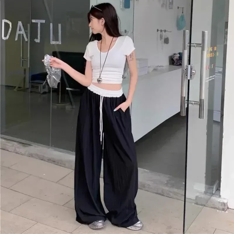 patch work elastic waist wide leg casual pants womens four season texture dress straight mop pants loose Trouser pants 241203