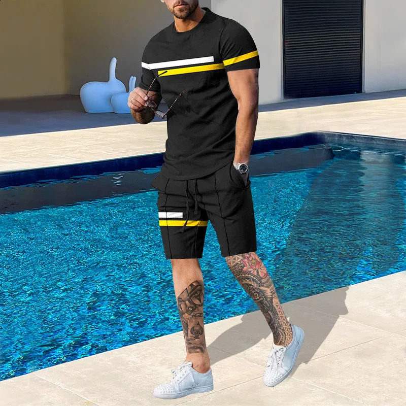 Summer fashion mens casual beach shorts set 3D printed striped short sleeved T-shirt round neck 2-piece set for mens wear 241203