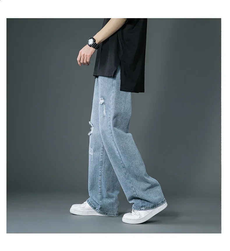 Spring/Summer Thin Tear Jeans Korean Street Fashion Loose Cowboy Trouser Bag Casual Pants S108 241203