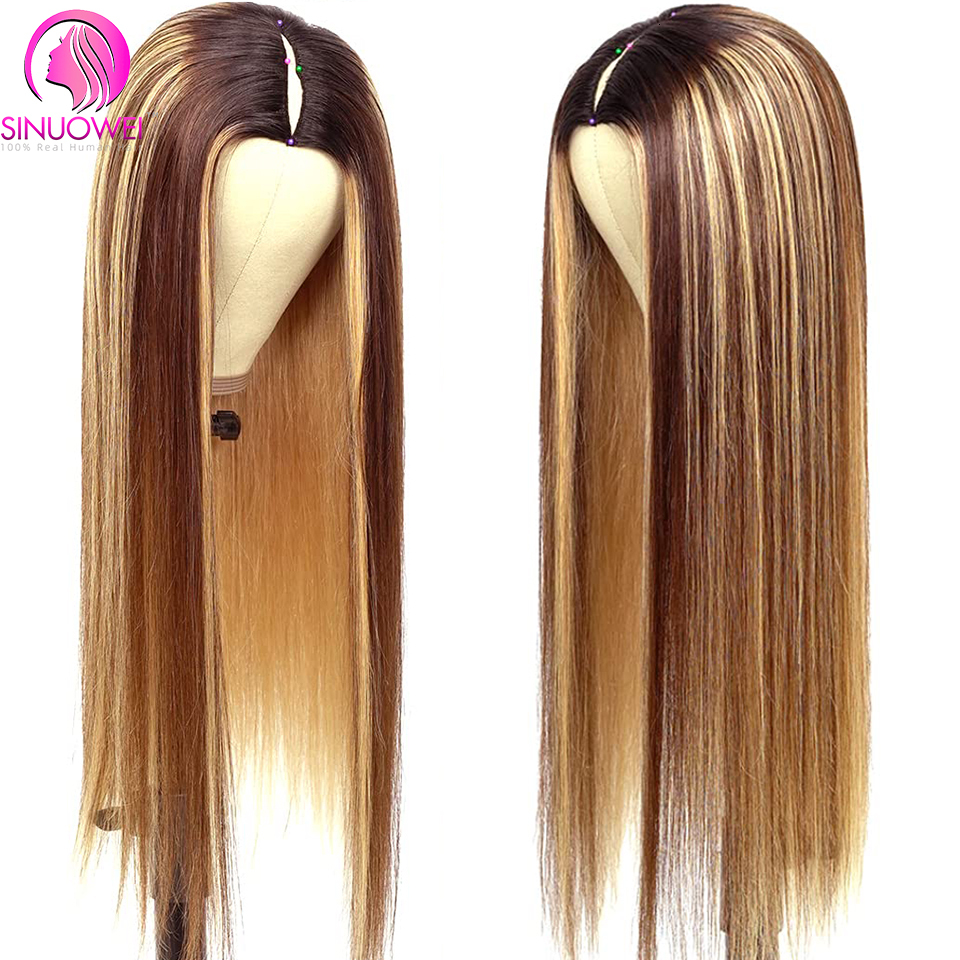 Sinuowei Highlight Part Human Hair Brazilian Straight V Shape No Glue Wig 10-28 Inches For Black Woman