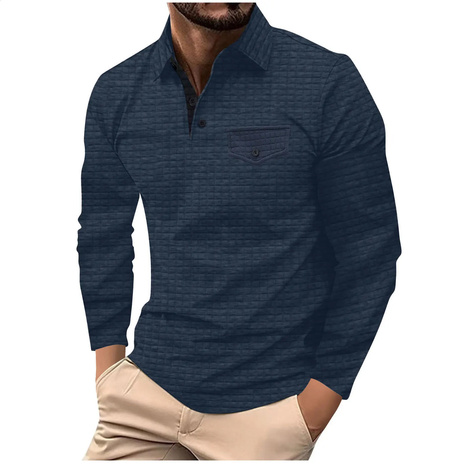 Autumn and winter long sleeved sports polo shirt with chest pocket casual color matching grid thickening 241203