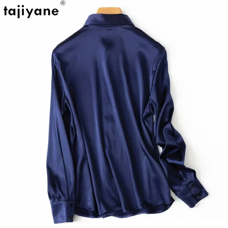 Tiyane Women's 93% Mulberry 7% Spandex 19 Momme Satin Silk Buttons Long Sleeve Shirt Top Blouse Office Work Chemise Femme