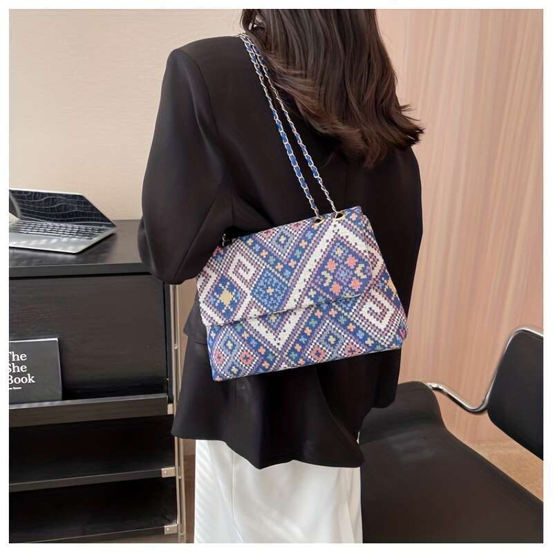 Ethnic style canvas crossbody Bohemian chain shoulder bag, geometric embroidery women's handbag wallet
