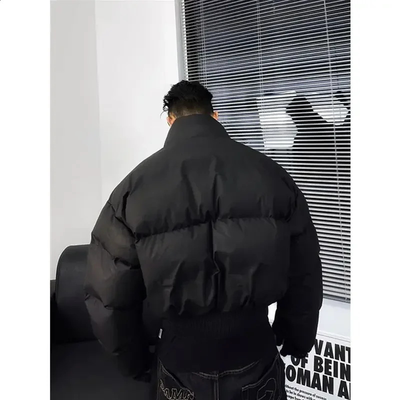 Winter stand up collar thick cotton jacket mens simple loose casual bread jacket solid color long sleeved zipper button jacket 241202