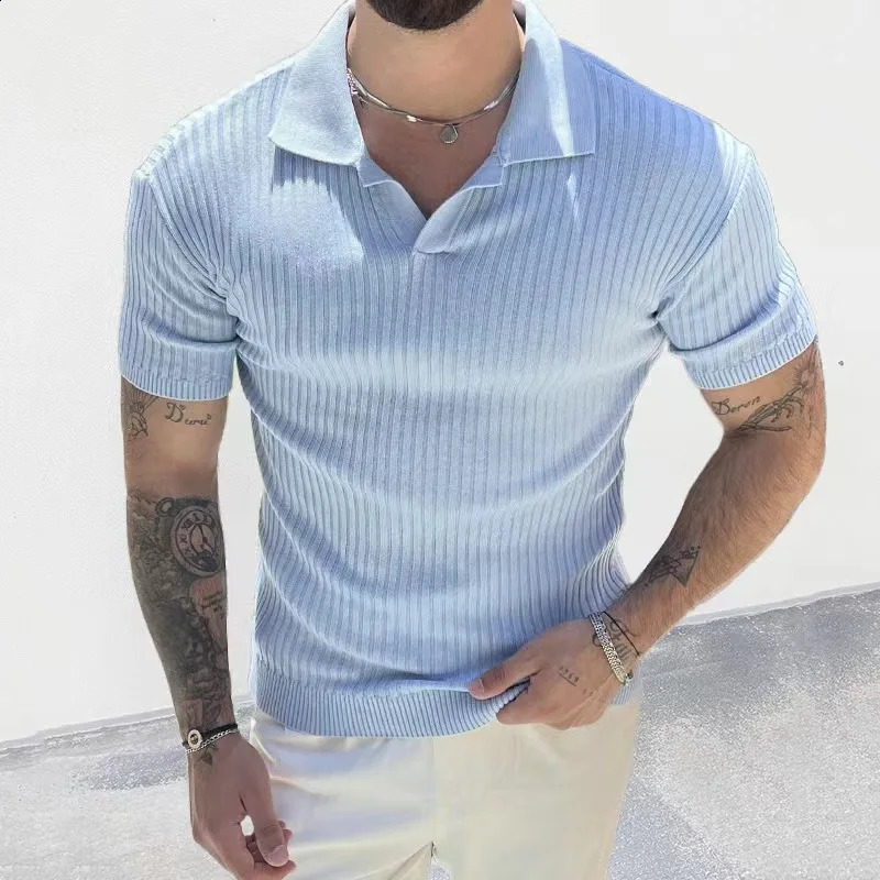 summer fashion knitted striped solid color short sleeved mens polo shirt casual retro collar T-shirt mens top 241203