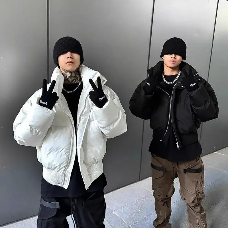 Winter stand up collar thick cotton jacket mens simple loose casual bread jacket solid color long sleeved zipper button jacket 241202