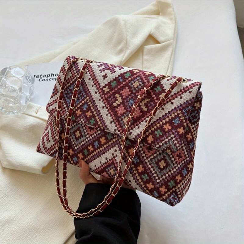 Ethnic style canvas crossbody Bohemian chain shoulder bag, geometric embroidery women's handbag wallet
