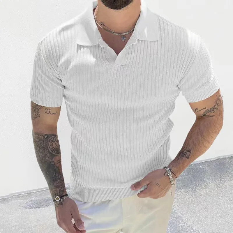 summer fashion knitted striped solid color short sleeved mens polo shirt casual retro collar T-shirt mens top 241203